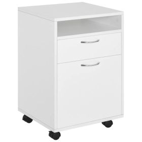 24" Small Filing Cabinet with Open Compartment, Drawer and Wheels, Home Office Storage Cabinet, White