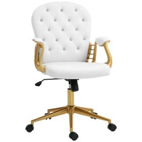 Velvet Office Desk Chair Button Tufted Vanity Chair with Swivel Wheels, Adjustable Height and Tilt Function, Cream White