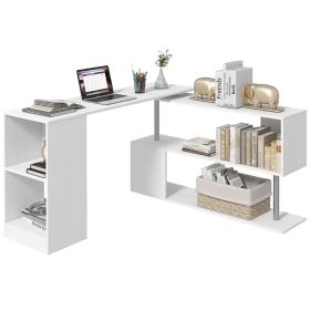 55" Corner Computer Desk, 360° Rotating L-Shaped Desk, Home Office Workstation with 3-Tier Shelves, Bookshelf, White