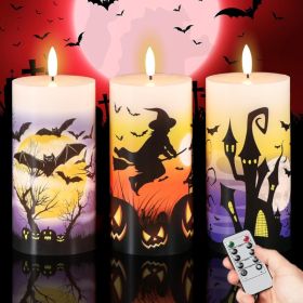 Halloween Flameless Pillar Candles Battery Operated Remote Timer