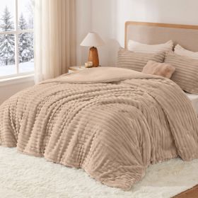 1PC Thick Reversible Plush Comforter, Soft Striped Fluffy Quilt, All Season Warm Bedding Comforter For Home Bed (Option: Khaki-104x90 inch)
