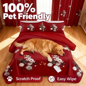 9-Piece Red Floral Quilt and Curtain Set, Reversible Microfiber Bedspread with 2 Pillow Shams and 6 Window Curtains, Queen, King and California King (Option: QUEEN)