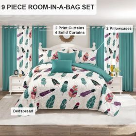 9-Piece Boho Feather Bedding & Curtain Set (Queen/King/Cal King) - Quilted Microfiber Bedspread + Sheer Curtains (Option: colorful feather-QUEEN)