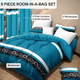 9-Piece Turquoise Swirl Bedding & Curtain Set (Queen/King/Cal King) - Quilted Microfiber Bedspread + Sheer Curtains (Option: blue/black boho-KING)