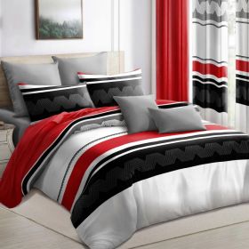 9-Piece Red & Geometric Zigzag Bedding & Curtain Set (Queen/King/Cal King) - Quilted Microfiber Bedspread + Sheer Curtains (Option: Red/Black Stripes-CAL KING)
