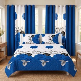 9-Piece Blue Rose Quilted Bedspread Set With 6 Window Curtain Panels And 2 Pillow Shams, Soft Microfiber Room Makeover Bedding Set (Option: California King)