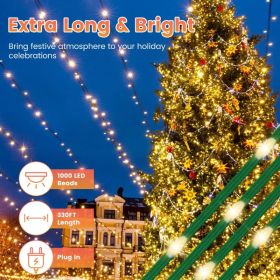 330FT Christmas String Lights 1000 LED, 8 Modes & 8 Brightness Levels with Remote & Timer, IP44 Waterproof Extra-Long Lights for Tree Patio Yard Decor (Option: Warm)
