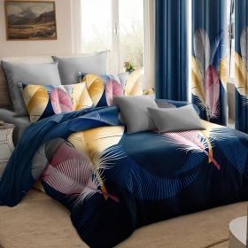 9-Piece Feather Print Bedding & Curtain Set (Queen/King/Cal King) - Quilted Microfiber Bedspread + Sheer Curtains (Option: Blue Feather-QUEEN)