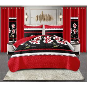 9-Piece Black Red Floral Bedspread Set With Curtains, Quilted Microfiber Bedding Set For Twin XL, King And Cal King (Option: KING)