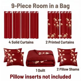 9-Piece Red Floral Quilt and Curtain Set, Reversible Microfiber Bedspread with 2 Pillow Shams and 6 Window Curtains, Queen, King and California King (Option: KING)