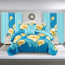 9-Piece Blue And Yellow Floral Quilted Bedspread Set With 6 Curtains And Pillowcases, Microfiber Bedroom Decor (Option: Cal King)