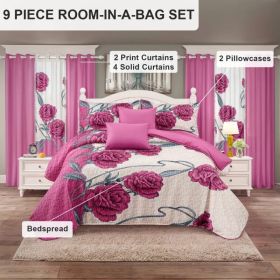 9-Piece Pink Rose Bedding & Curtain Set (Queen/King/Cal King) - Quilted Microfiber Bedspread + Sheer Curtains (Option: Pink/White Rose-KING)