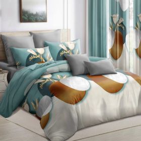 9-Piece Modern Floral Vase Bedding & Curtain Set (Queen/King/Cal King) - Quilted Microfiber Bedspread + Sheer Curtains (Option: Green Dot-QUEEN)